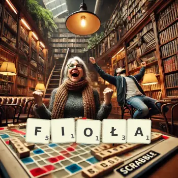 Kreatywna ilustracja do gry w Scrabble ze słowem FIOŁA ułożonym z płytek na planszy.