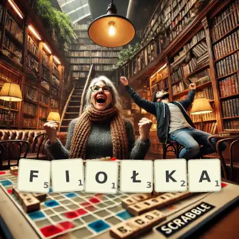 Kreatywna ilustracja do gry w Scrabble ze słowem FIOŁKA ułożonym z płytek na planszy.