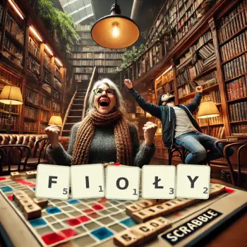 Kreatywna ilustracja do gry w Scrabble ze słowem FIOŁY ułożonym z płytek na planszy.
