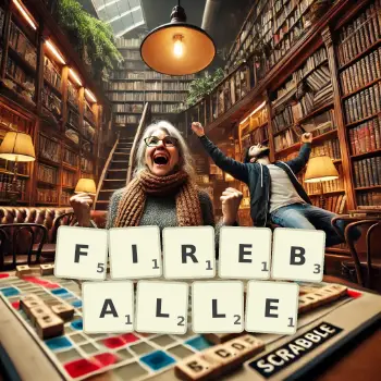 Kreatywna ilustracja do gry w Scrabble ze słowem FIREBALLE ułożonym z płytek na planszy.