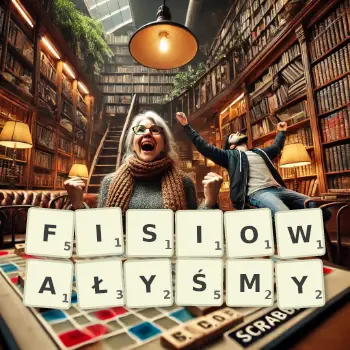 Kreatywna ilustracja do gry w Scrabble ze słowem FISIOWAŁYŚMY ułożonym z płytek na planszy.