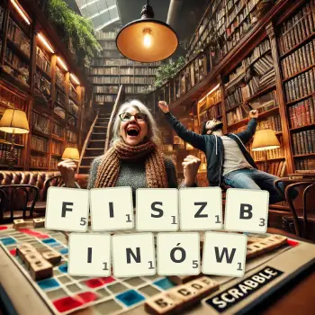 Kreatywna ilustracja do gry w Scrabble ze słowem FISZBINÓW ułożonym z płytek na planszy.