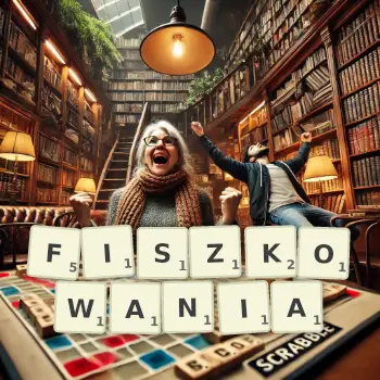 Kreatywna ilustracja do gry w Scrabble ze słowem FISZKOWANIA ułożonym z płytek na planszy.