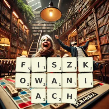 Kreatywna ilustracja do gry w Scrabble ze słowem FISZKOWANIACH ułożonym z płytek na planszy.