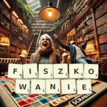 Kreatywna ilustracja do gry w Scrabble ze słowem FISZKOWANIE ułożonym z płytek na planszy.