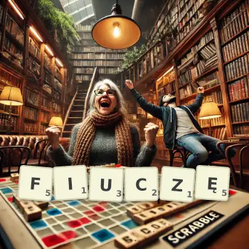 Kreatywna ilustracja do gry w Scrabble ze słowem FIUCZĘ ułożonym z płytek na planszy.