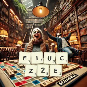 Kreatywna ilustracja do gry w Scrabble ze słowem FIUCZŻE ułożonym z płytek na planszy.