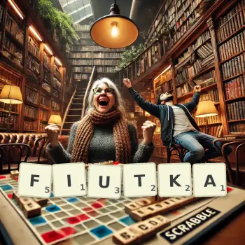 Kreatywna ilustracja do gry w Scrabble ze słowem FIUTKA ułożonym z płytek na planszy.