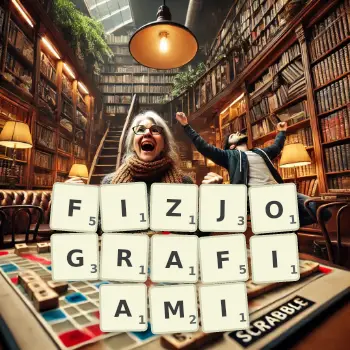 Kreatywna ilustracja do gry w Scrabble ze słowem FIZJOGRAFIAMI ułożonym z płytek na planszy.