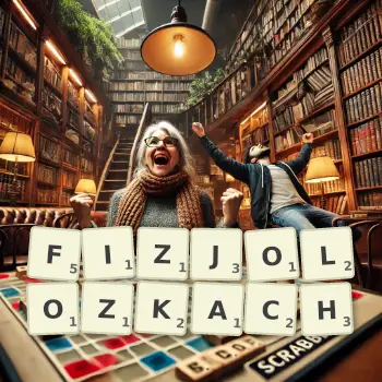 Kreatywna ilustracja do gry w Scrabble ze słowem FIZJOLOZKACH ułożonym z płytek na planszy.