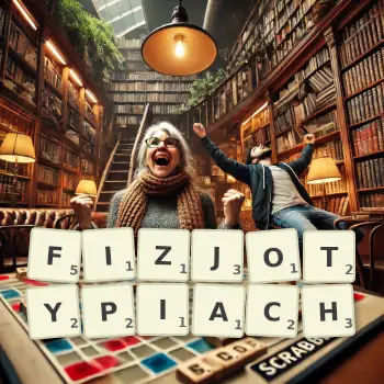 Kreatywna ilustracja do gry w Scrabble ze słowem FIZJOTYPIACH ułożonym z płytek na planszy.