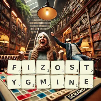 Kreatywna ilustracja do gry w Scrabble ze słowem FIZOSTYGMINĘ ułożonym z płytek na planszy.
