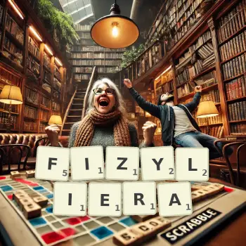 Kreatywna ilustracja do gry w Scrabble ze słowem FIZYLIERA ułożonym z płytek na planszy.