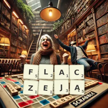 Kreatywna ilustracja do gry w Scrabble ze słowem FLACZEJĄ ułożonym z płytek na planszy.