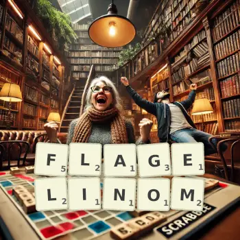 Kreatywna ilustracja do gry w Scrabble ze słowem FLAGELINOM ułożonym z płytek na planszy.