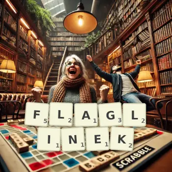 Kreatywna ilustracja do gry w Scrabble ze słowem FLAGLINEK ułożonym z płytek na planszy.