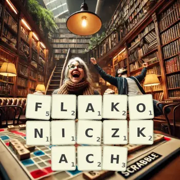 Kreatywna ilustracja do gry w Scrabble ze słowem FLAKONICZKACH ułożonym z płytek na planszy.