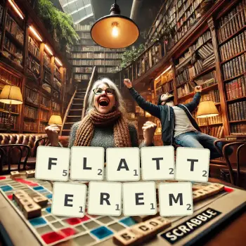 Kreatywna ilustracja do gry w Scrabble ze słowem FLATTEREM ułożonym z płytek na planszy.