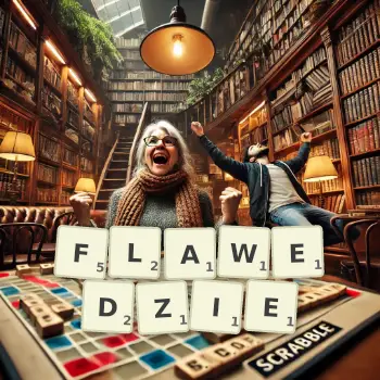 Kreatywna ilustracja do gry w Scrabble ze słowem FLAWEDZIE ułożonym z płytek na planszy.