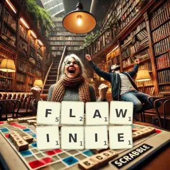 Kreatywna ilustracja do gry w Scrabble ze słowem FLAWINIE ułożonym z płytek na planszy.