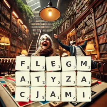 Kreatywna ilustracja do gry w Scrabble ze słowem FLEGMATYZACJAMI ułożonym z płytek na planszy.