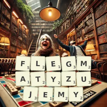 Kreatywna ilustracja do gry w Scrabble ze słowem FLEGMATYZUJEMY ułożonym z płytek na planszy.