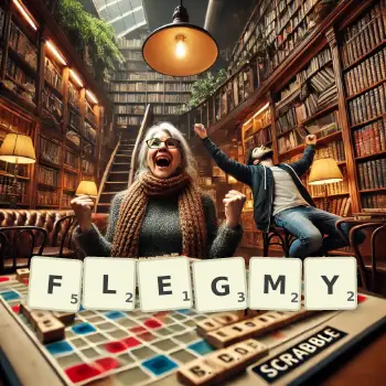 Kreatywna ilustracja do gry w Scrabble ze słowem FLEGMY ułożonym z płytek na planszy.