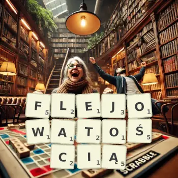Kreatywna ilustracja do gry w Scrabble ze słowem FLEJOWATOŚCIĄ ułożonym z płytek na planszy.