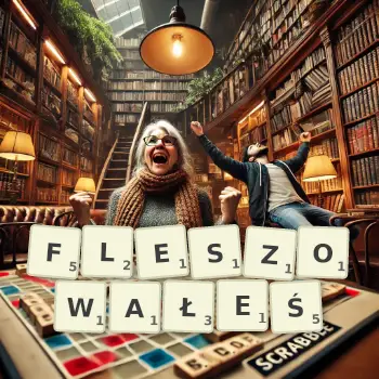 Kreatywna ilustracja do gry w Scrabble ze słowem FLESZOWAŁEŚ ułożonym z płytek na planszy.