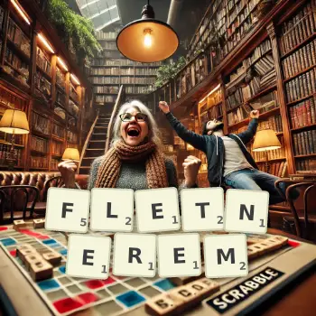 Kreatywna ilustracja do gry w Scrabble ze słowem FLETNEREM ułożonym z płytek na planszy.