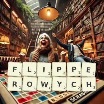 Kreatywna ilustracja do gry w Scrabble ze słowem FLIPPEROWYCH ułożonym z płytek na planszy.