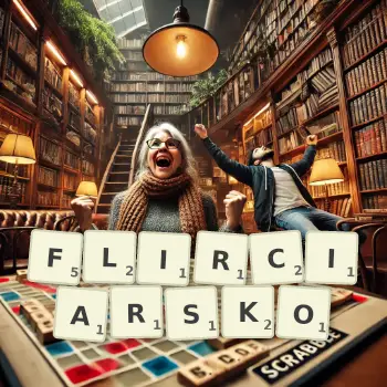 Kreatywna ilustracja do gry w Scrabble ze słowem FLIRCIARSKO ułożonym z płytek na planszy.