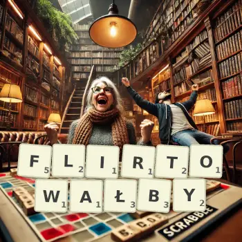 Kreatywna ilustracja do gry w Scrabble ze słowem FLIRTOWAŁBY ułożonym z płytek na planszy.