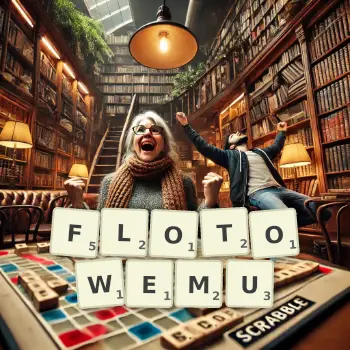 Kreatywna ilustracja do gry w Scrabble ze słowem FLOTOWEMU ułożonym z płytek na planszy.