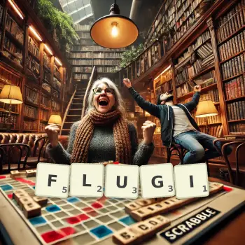 Kreatywna ilustracja do gry w Scrabble ze słowem FLUGI ułożonym z płytek na planszy.