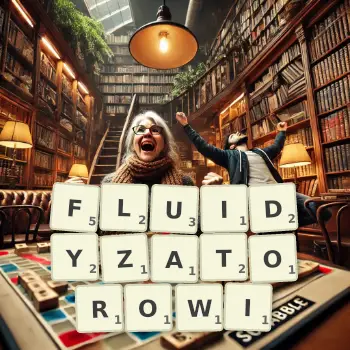 Kreatywna ilustracja do gry w Scrabble ze słowem FLUIDYZATOROWI ułożonym z płytek na planszy.