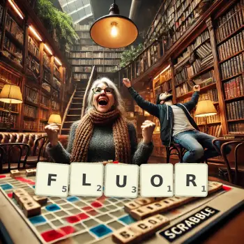Kreatywna ilustracja do gry w Scrabble ze słowem FLUOR ułożonym z płytek na planszy.