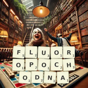 Kreatywna ilustracja do gry w Scrabble ze słowem FLUOROPOCHODNA ułożonym z płytek na planszy.