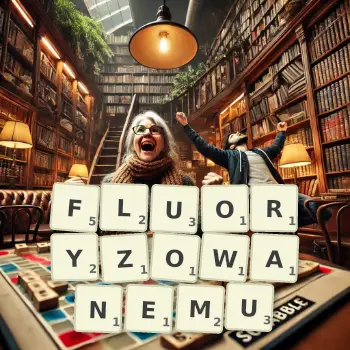 Kreatywna ilustracja do gry w Scrabble ze słowem FLUORYZOWANEMU ułożonym z płytek na planszy.