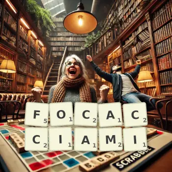 Kreatywna ilustracja do gry w Scrabble ze słowem FOCACCIAMI ułożonym z płytek na planszy.