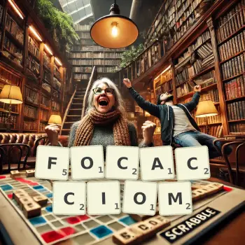 Kreatywna ilustracja do gry w Scrabble ze słowem FOCACCIOM ułożonym z płytek na planszy.