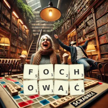 Kreatywna ilustracja do gry w Scrabble ze słowem FOCHOWAĆ ułożonym z płytek na planszy.