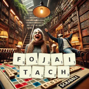 Kreatywna ilustracja do gry w Scrabble ze słowem FOJAITACH ułożonym z płytek na planszy.