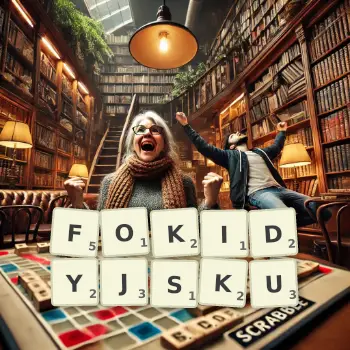 Kreatywna ilustracja do gry w Scrabble ze słowem FOKIDYJSKU ułożonym z płytek na planszy.