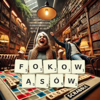 Kreatywna ilustracja do gry w Scrabble ze słowem FOKOWĄSÓW ułożonym z płytek na planszy.