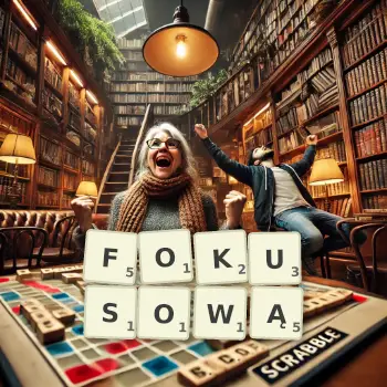 Kreatywna ilustracja do gry w Scrabble ze słowem FOKUSOWĄ ułożonym z płytek na planszy.