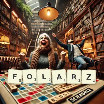 Kreatywna ilustracja do gry w Scrabble ze słowem FOLARZ ułożonym z płytek na planszy.
