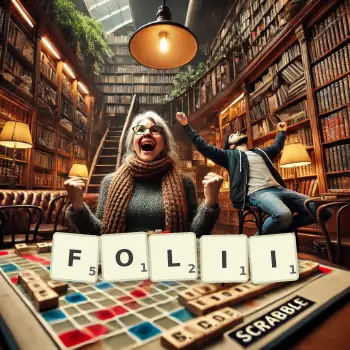 Kreatywna ilustracja do gry w Scrabble ze słowem FOLII ułożonym z płytek na planszy.