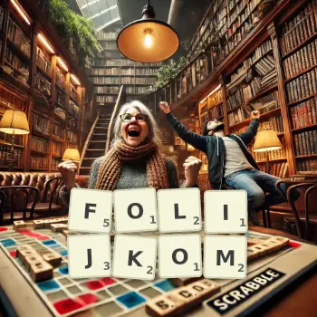 Kreatywna ilustracja do gry w Scrabble ze słowem FOLIJKOM ułożonym z płytek na planszy.