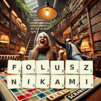 Kreatywna ilustracja do gry w Scrabble ze słowem FOLUSZNIKAMI ułożonym z płytek na planszy.